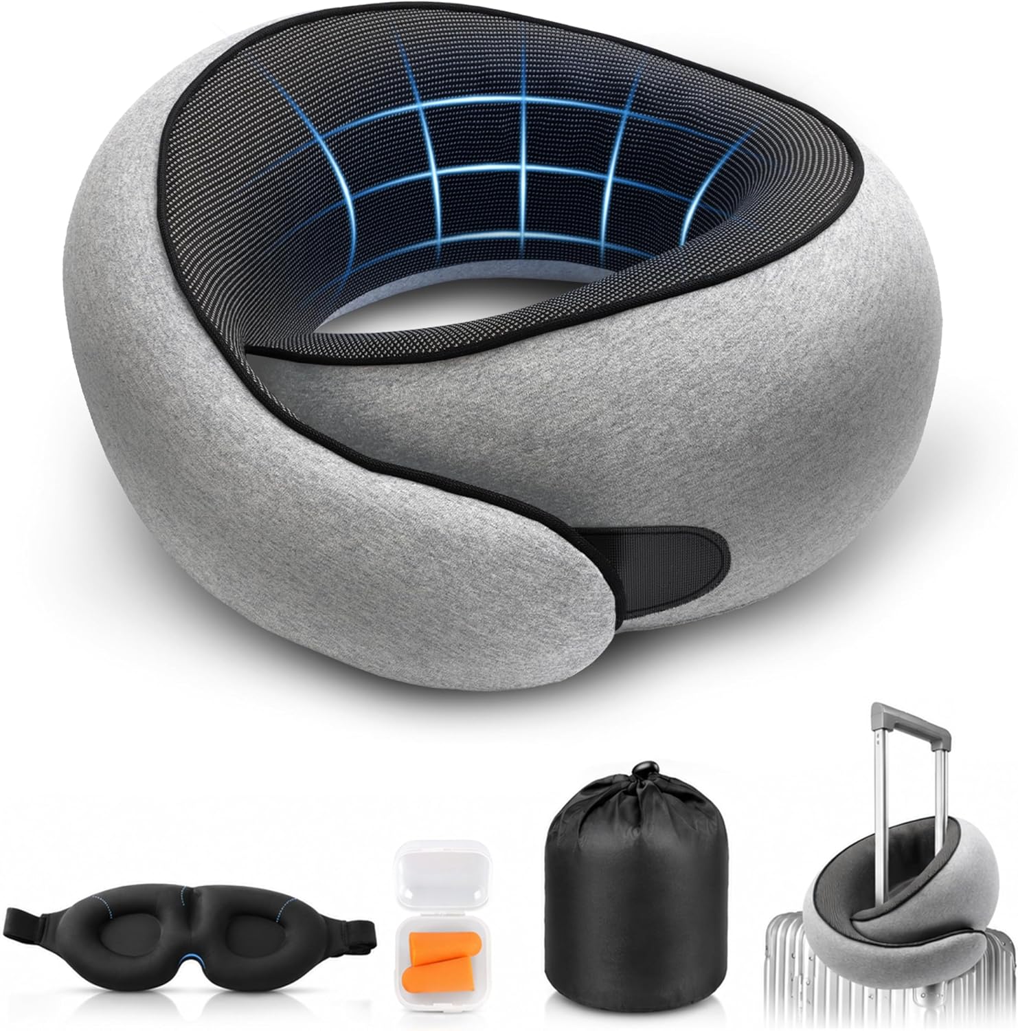 Purroch G-Shape Memory Foam Travel Pillow, Medium Gray | 100% Pure Foam Ergonomic Support Neck Pillow for Airplane Flights, Car Trips And Office Naps, Eye Mask and Ear Plugs