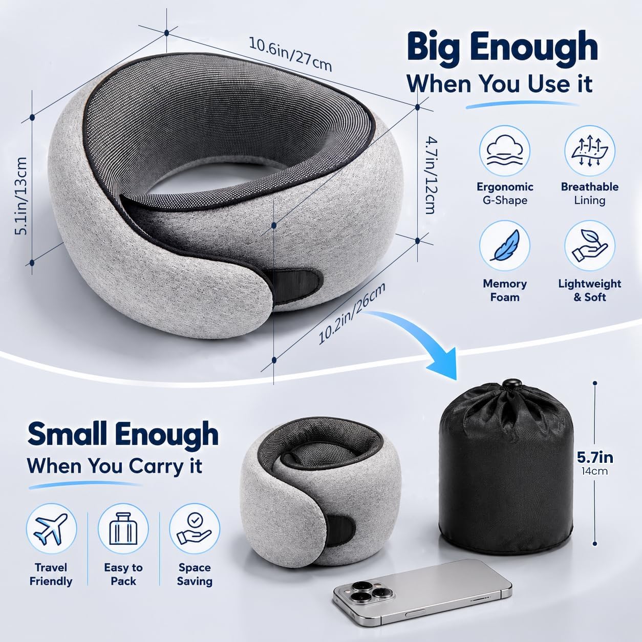 Purroch G-Shape Memory Foam Travel Pillow, Medium Gray | 100% Pure Foam Ergonomic Support Neck Pillow for Airplane Flights, Car Trips And Office Naps, Eye Mask and Ear Plugs - Image 2