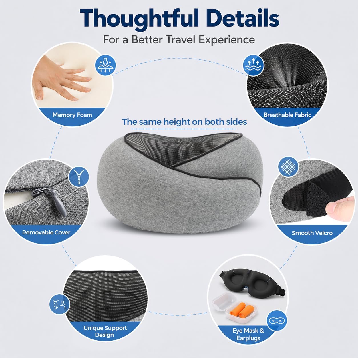 Purroch G-Shape Memory Foam Travel Pillow, Medium Gray | 100% Pure Foam Ergonomic Support Neck Pillow for Airplane Flights, Car Trips And Office Naps, Eye Mask and Ear Plugs - Image 7