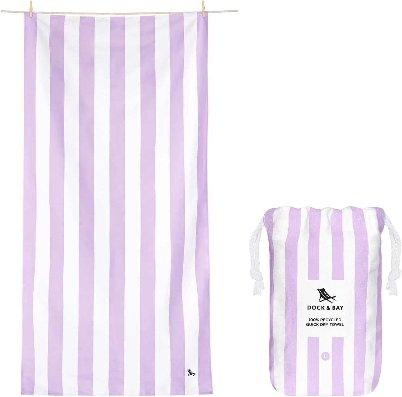 Dock & Bay Beach Towel - Quick Dry, Sand Free - Compact, Lightweight - 100% Recycled - Includes Bag - Cabana Light - Lombok Lilac - Large (160x90cm, 63x35) | Sand-Resistant, Includes Travel Bag, Lightweight & Compact, 100% Recycled DryQ Fabric, Large (160x90cm, 63x35")